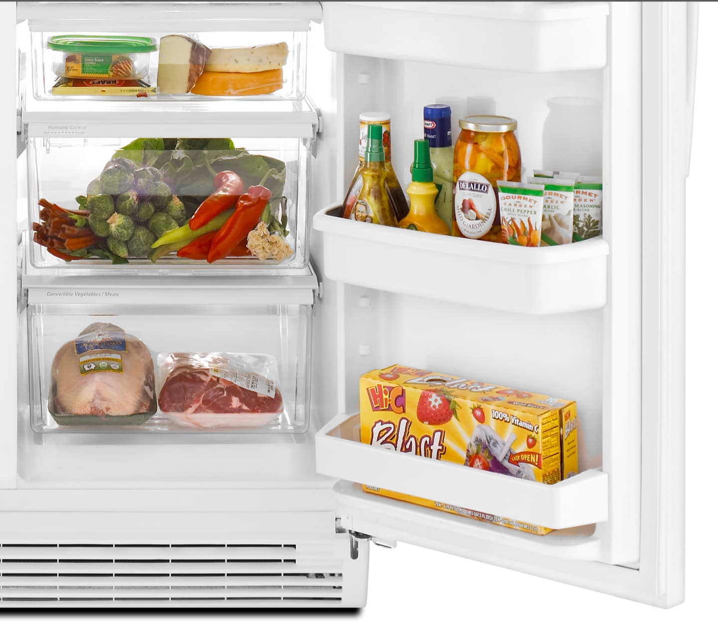 Inside view of refrigerator with food Inside view of refrigerator with food
